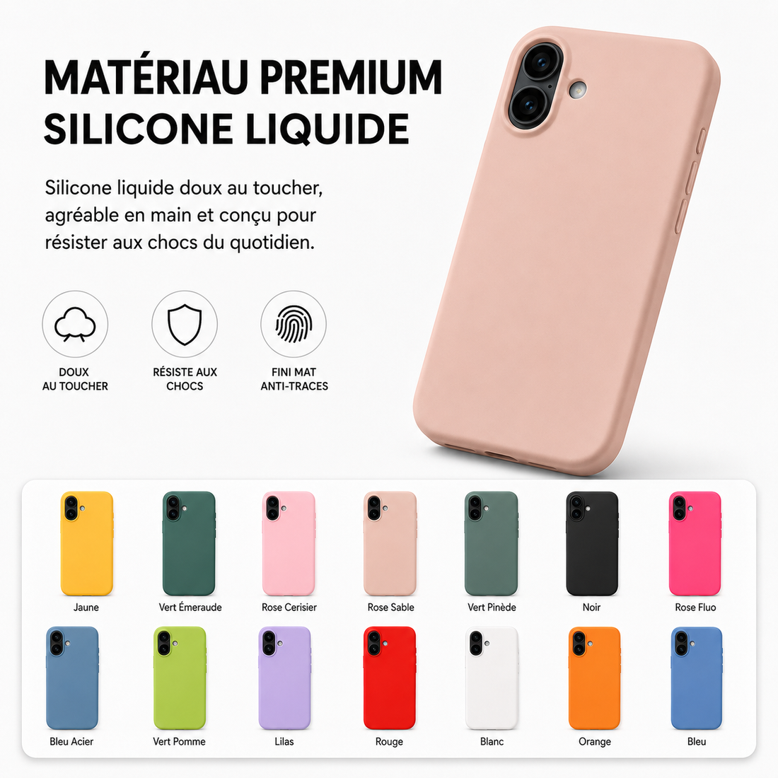 Coque iPhone 17 en silicone liquide soft touch avec finition mate et 14 coloris