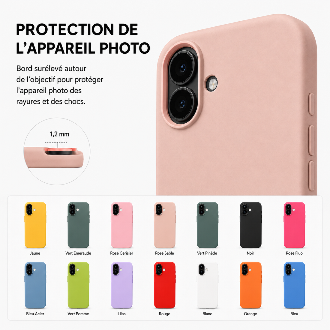 Coque iPhone 17 en silicone soft touch avec bords surélevés pour protéger l’appareil photo