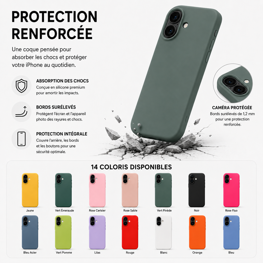 Coque iPhone 17 en silicone soft touch avec protection renforcée contre les chocs et 14 coloris