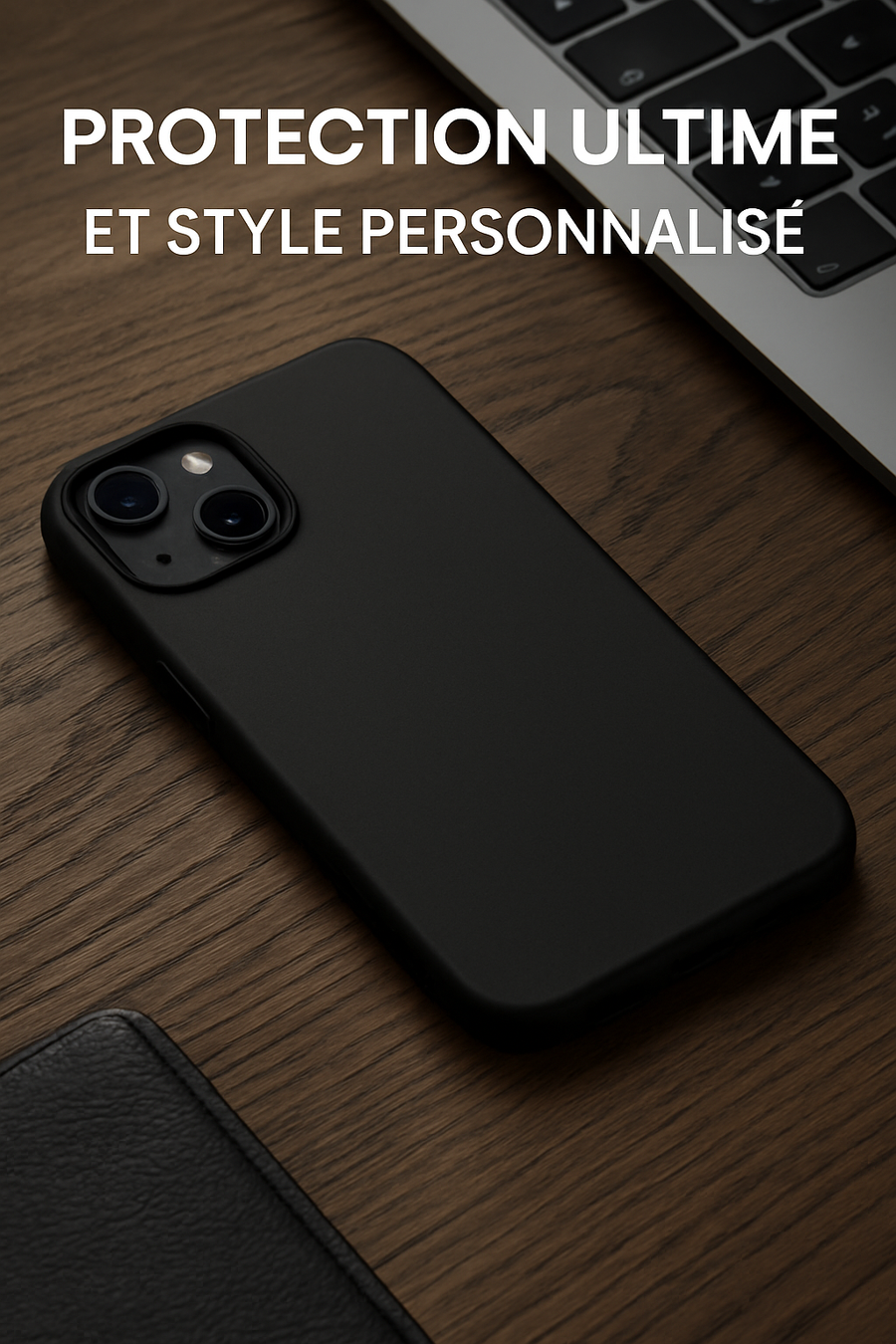 iPhone 16 avec coque RhinoShield SolidSuit Classic Noir posé sur un bureau en bois, offrant protection et style élégant