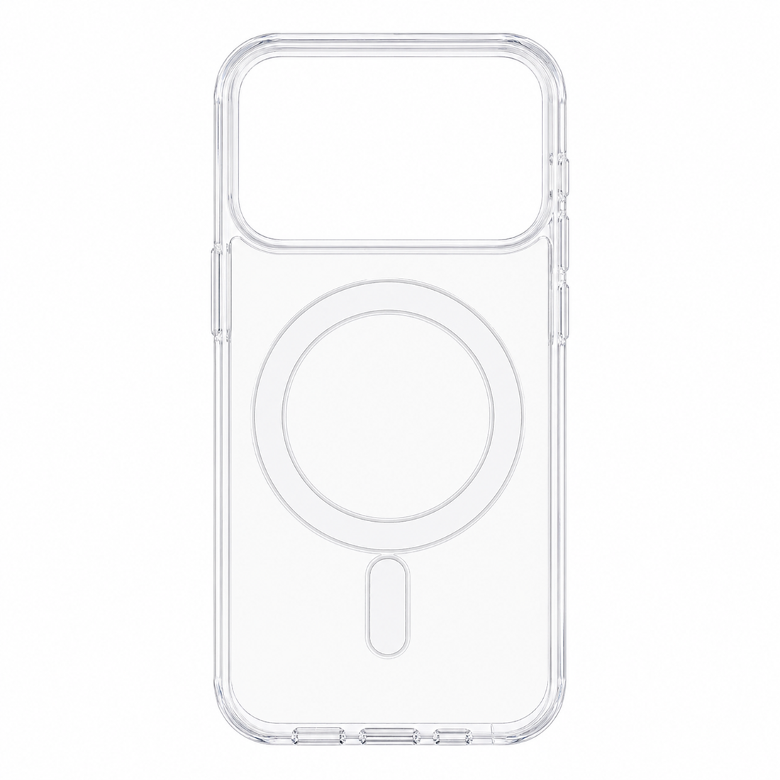 Coque magnétique transparente en TPU acrylique pour iPhone 17 Pro Max avec grand trou pour appareil photo MagSafe, vue de face sur fond blanc