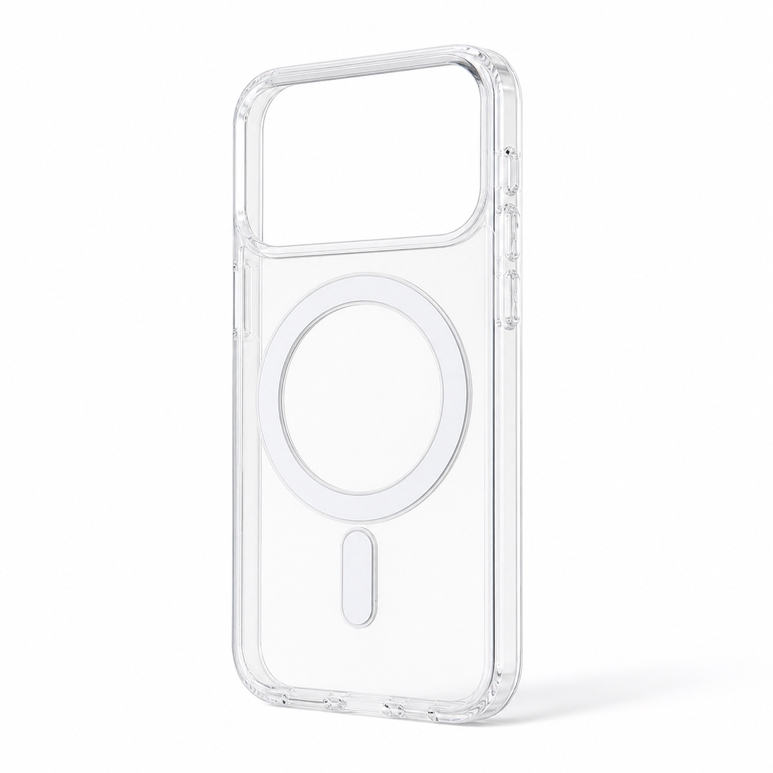 Coque magnétique transparente en TPU acrylique pour iPhone 17 Pro Max avec grand trou caméra MagSafe, vue en angle sur fond blanc