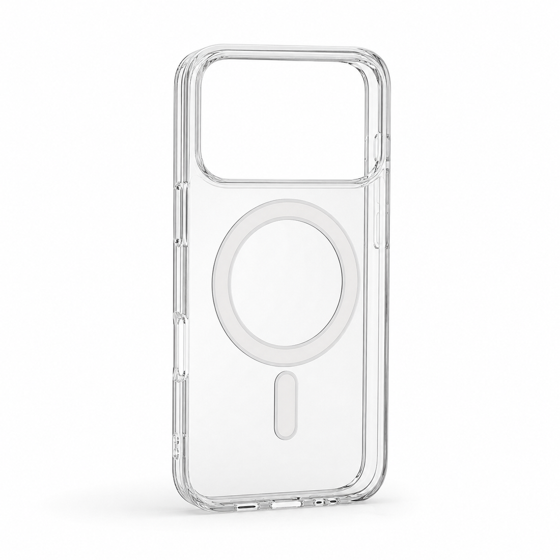 Coque magnétique transparente en TPU acrylique pour iPhone 17 Pro Max avec grand trou caméra et compatibilité MagSafe, visuel produit sur fond blanc