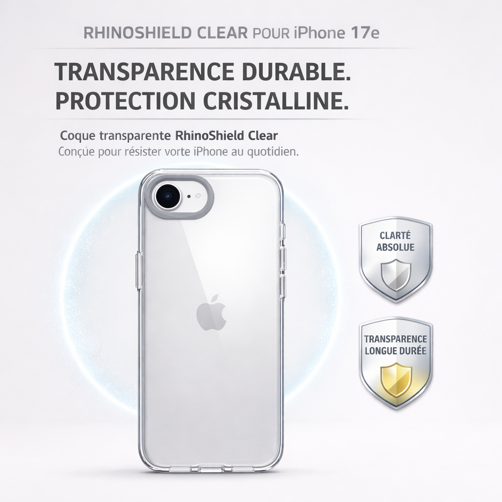 Coque RhinoShield Clear transparente pour iPhone 17e sur fond neutre.