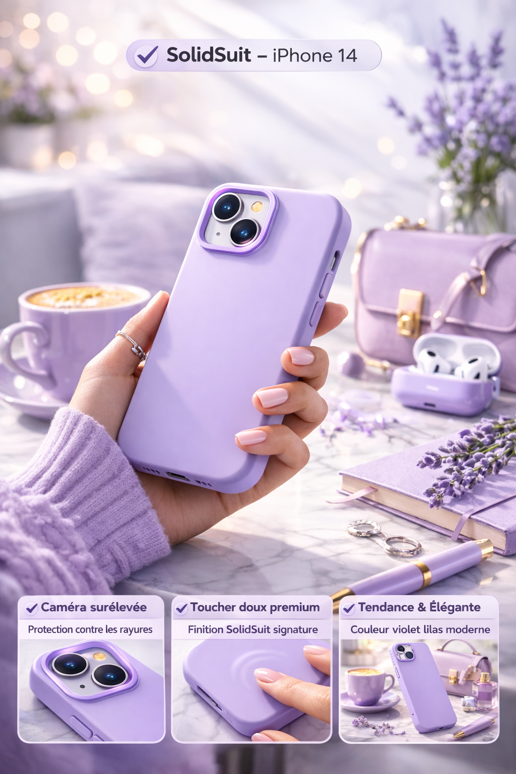 Coque RhinoShield SolidSuit violet lilas pour iPhone 14 lifestyle tendance et élégante