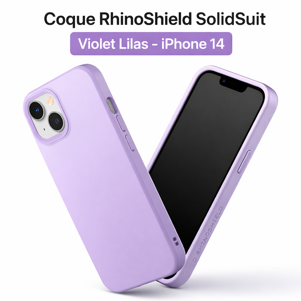 Coque RhinoShield SolidSuit violet lilas pour iPhone 14 vue avant et arrière