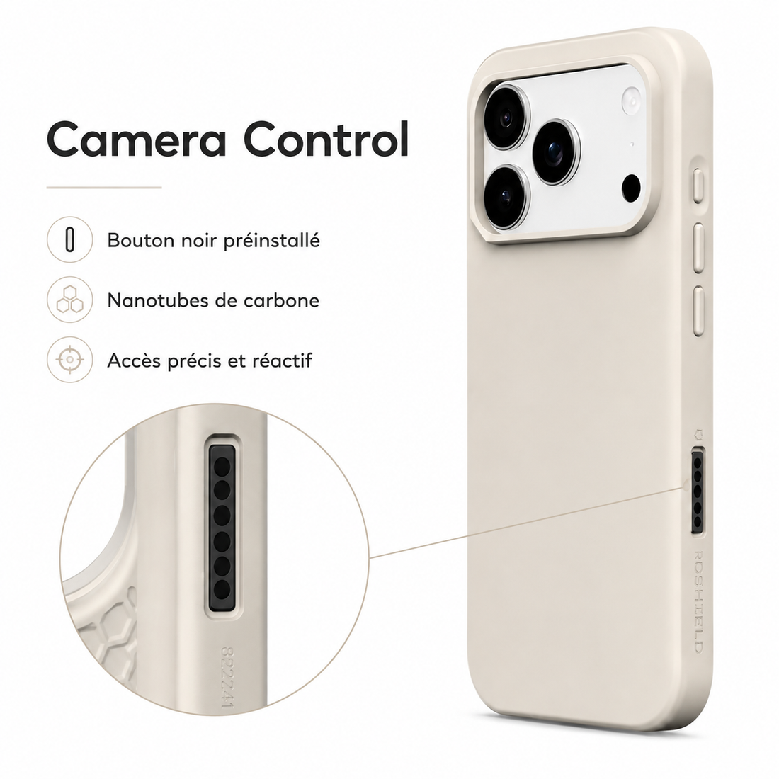 Coque RhinoShield SolidX iPhone 17 Pro Max Beige Coquillage bouton Camera Control noir en nanotubes de carbone