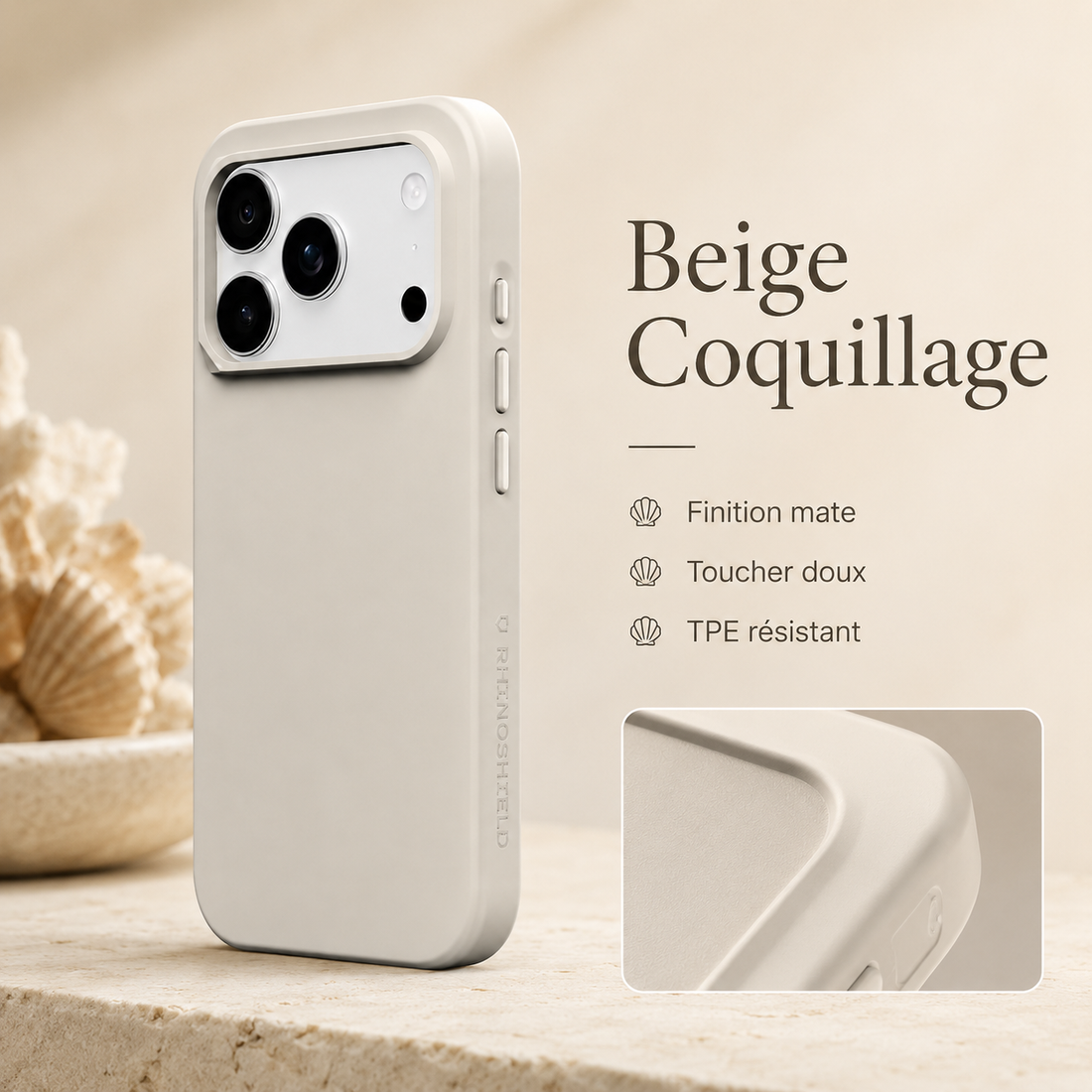 Coque RhinoShield SolidX iPhone 17 Pro Max Beige Coquillage finition mate et toucher doux