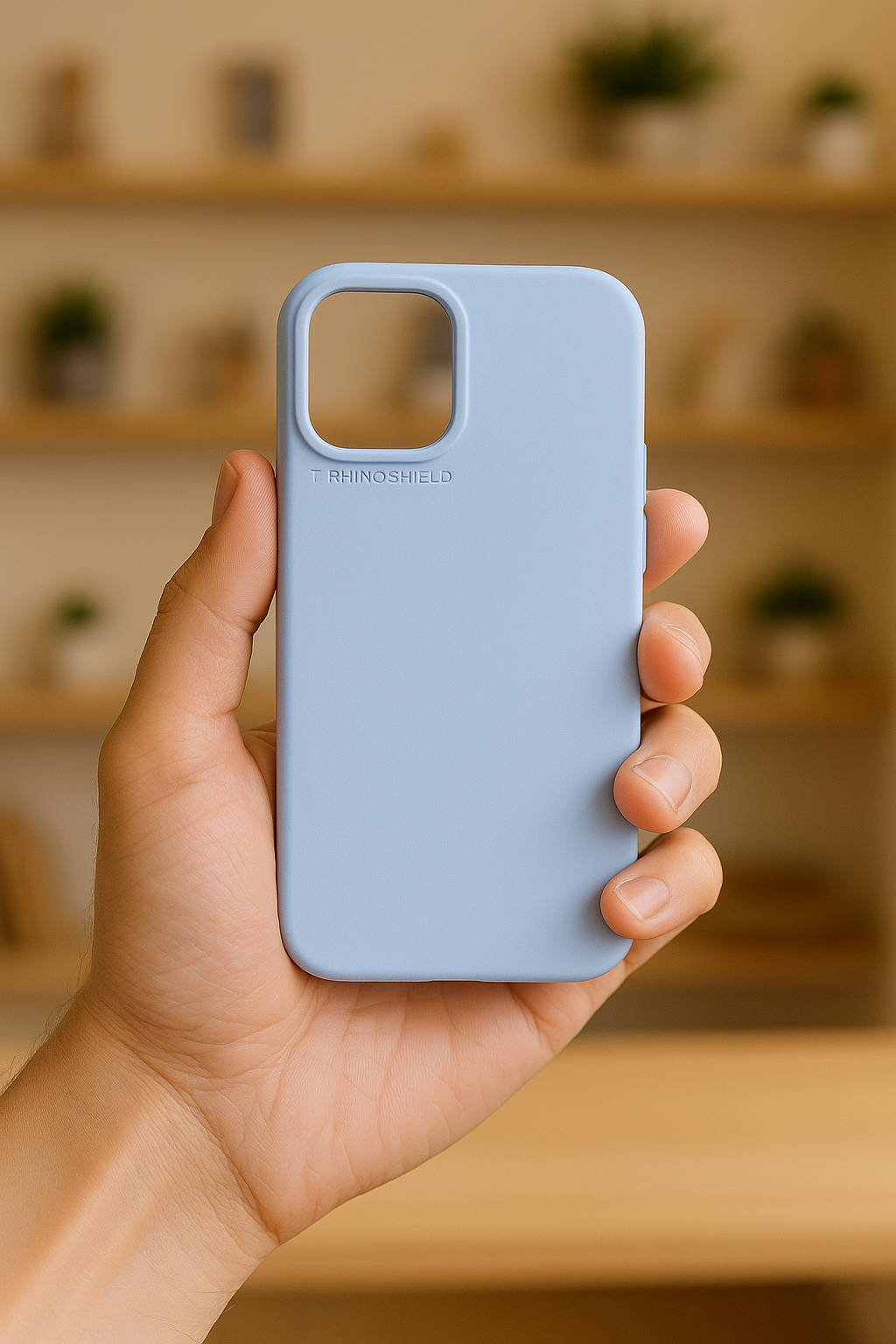 Main tenant une coque RhinoShield SolidX MagSafe iPhone 17 Bleu Glacier, montrant la texture douce et mate.