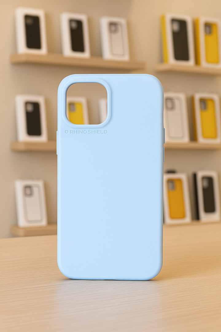 Coque RhinoShield SolidX MagSafe Bleu Glacier posée sur un présentoir en bois, avec d'autres coloris en arrière-plan.