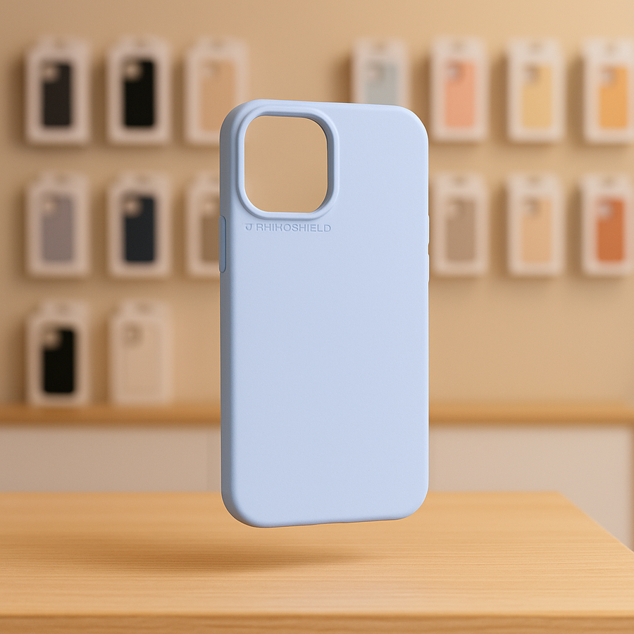 Vue rapprochée de la coque RhinoShield SolidX MagSafe Bleu Glacier pour iPhone 17, mettant en valeur le logo et les finitions