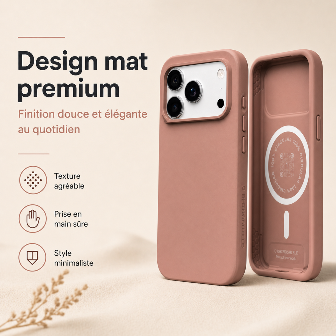 Coque RhinoShield SolidX MagSafe iPhone 17 Pro Max Argile Rose avec finition mate premium