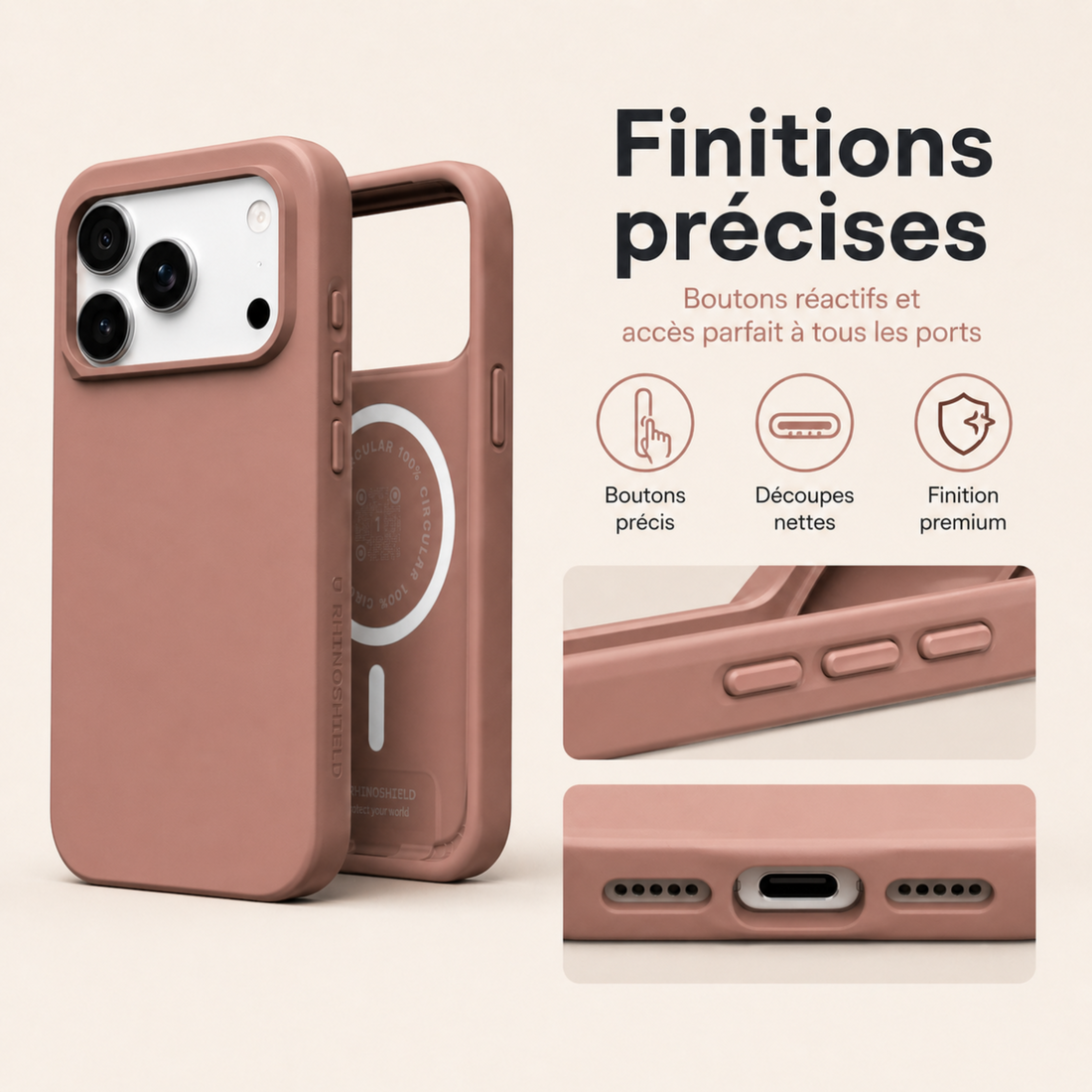 Coque RhinoShield SolidX MagSafe iPhone 17 Pro Max Argile Rose avec boutons et découpes précises