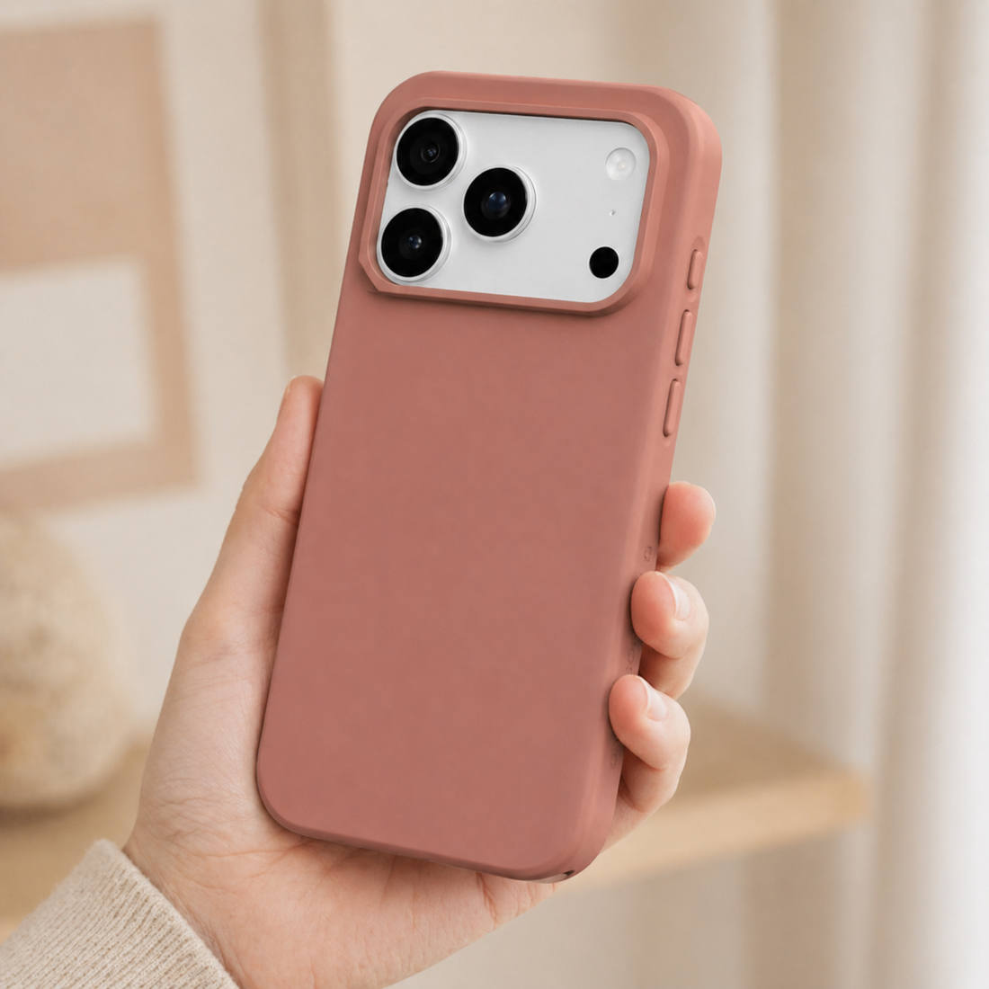 Coque RhinoShield SolidX MagSafe iPhone 17 Pro Max Argile Rose tenue en main