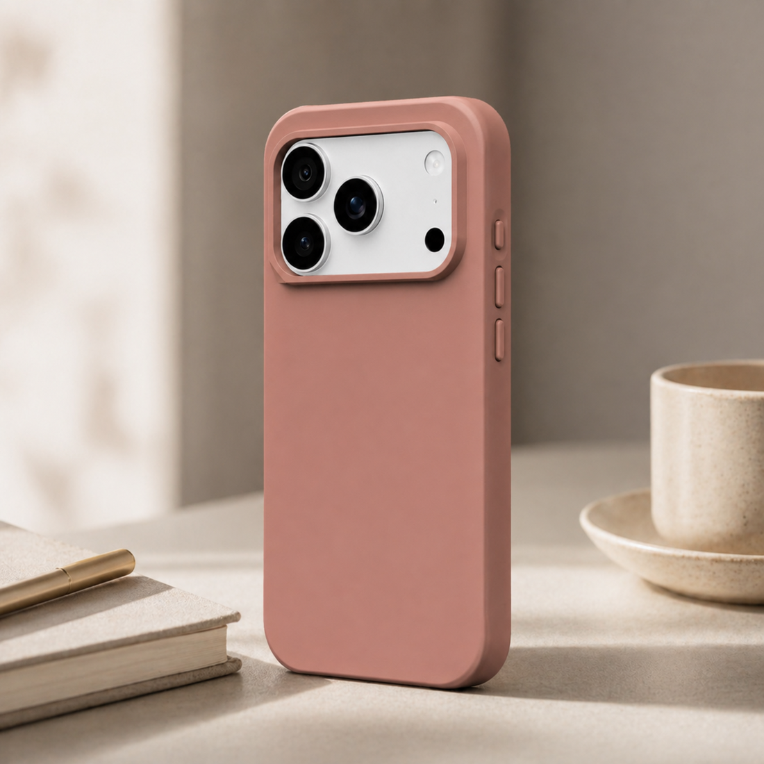 Coque RhinoShield SolidX MagSafe iPhone 17 Pro Max Argile Rose en mise en scène lifestyle