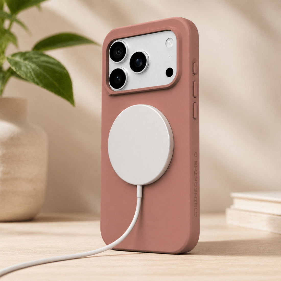 Coque RhinoShield SolidX MagSafe iPhone 17 Pro Max Argile Rose en photo studio