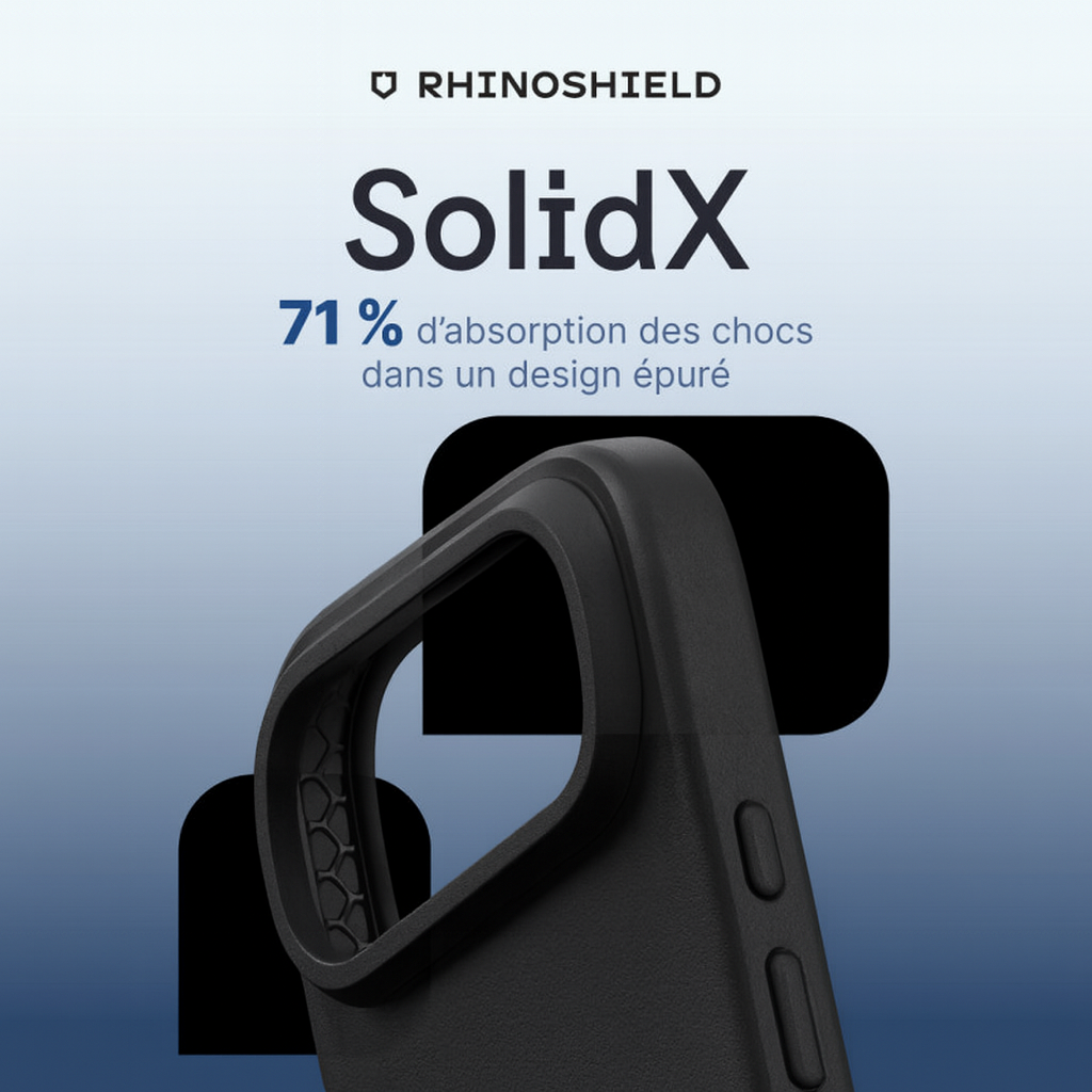 Gros plan sur la coque RhinoShield SolidX noire pour iPhone, illustrant sa capacité d’absorption des chocs à 71 % dans un design épuré, avec le logo RhinoShield et un fond dégradé bleu moderne.