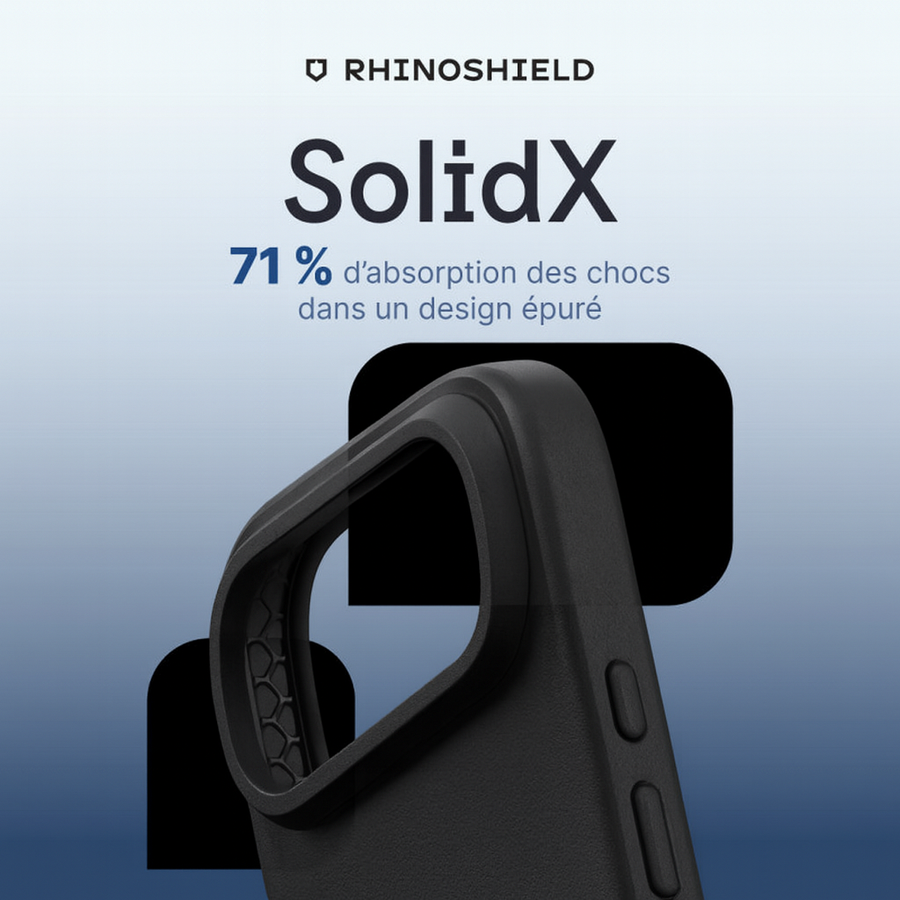 Gros plan sur la coque RhinoShield SolidX noire pour iPhone, illustrant sa capacité d’absorption des chocs à 71 % dans un design épuré, avec le logo RhinoShield et un fond dégradé bleu moderne.