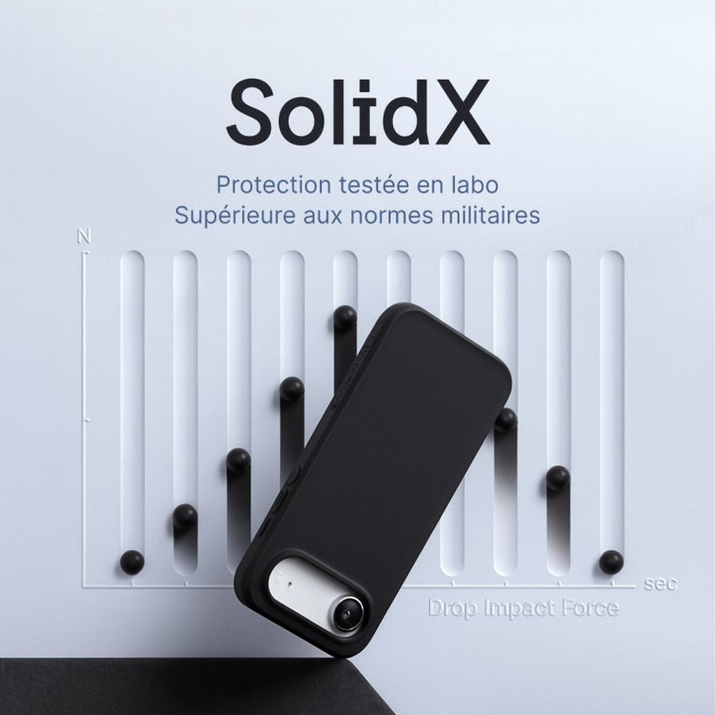 Coque RhinoShield SolidX noire pour iPhone, présentée sur un fond illustrant un test de résistance aux chocs en laboratoire, avec le texte “Protection testée en labo, supérieure aux normes militaires”.