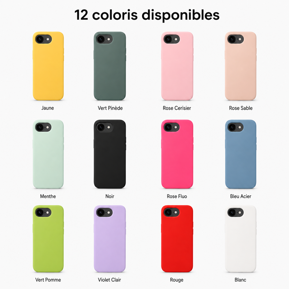 Coque silicone iPhone 16e et 17e Soft Touch antichoc disponible en 12 coloris
