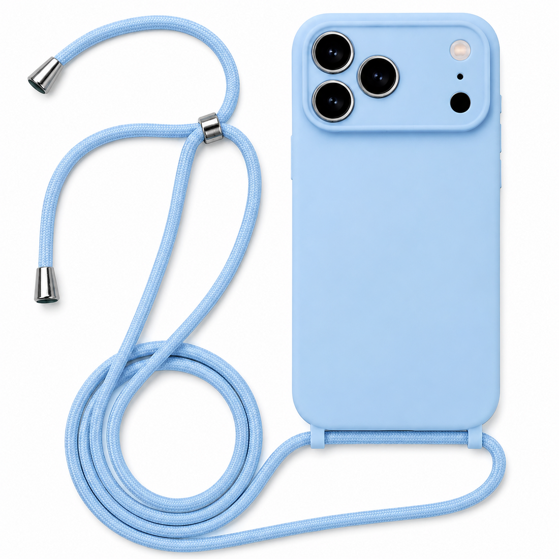 Coque silicone iPhone 17 Pro avec cordon amovible bleu ciel