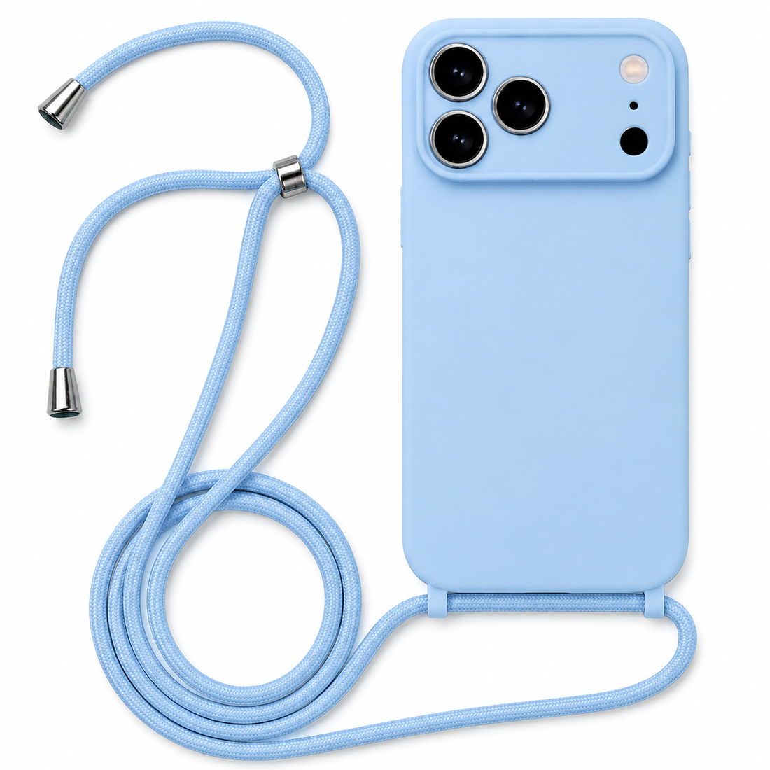 Coque silicone iPhone 17 Pro Max avec cordon bleu ciel