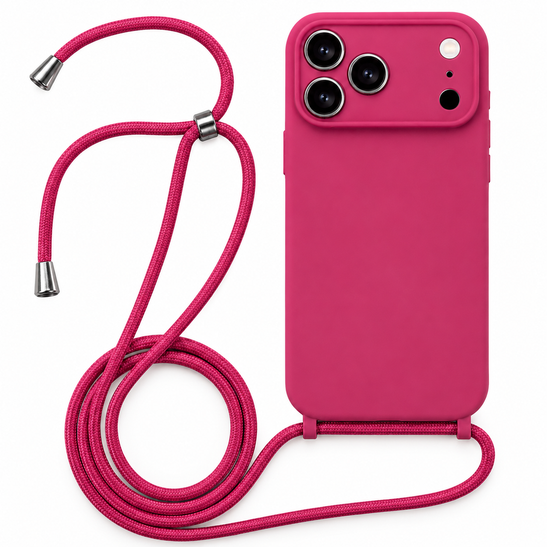 Coque silicone iPhone 17 Pro Max avec cordon framboise