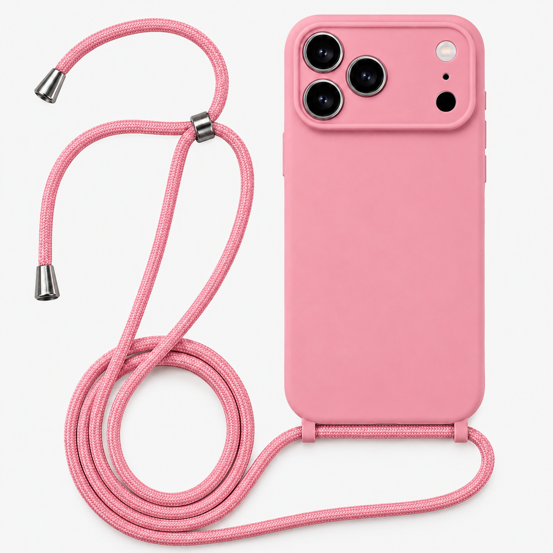 Coque silicone iPhone 17 Pro Max avec cordon rose cerisier