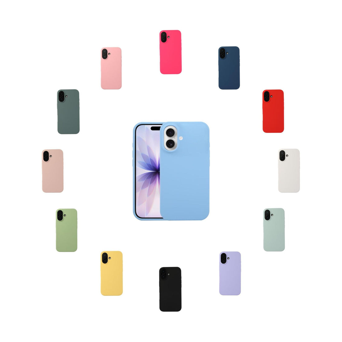 Cercle de coques en silicone Soft-Touch pour iPhone 17 en 13 couleurs variées (noir, bleu, rose, jaune, vert, violet, rouge) autour d&
