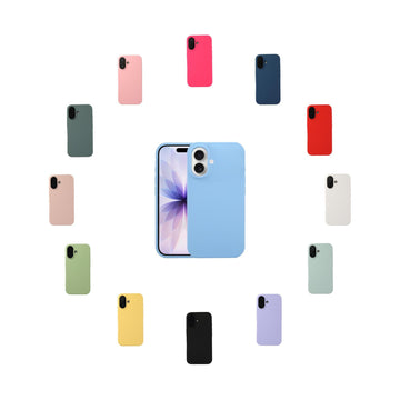 Cercle de coques en silicone Soft-Touch pour iPhone 17 en 13 couleurs variées (noir, bleu, rose, jaune, vert, violet, rouge) autour d'un iPhone bleu ciel. Coque souple, anti-choc et doublure microfibre.
