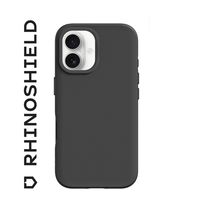 Coque RhinoShield SolidSuit MagSafe noire iPhone 16, protection robuste et design élégant.