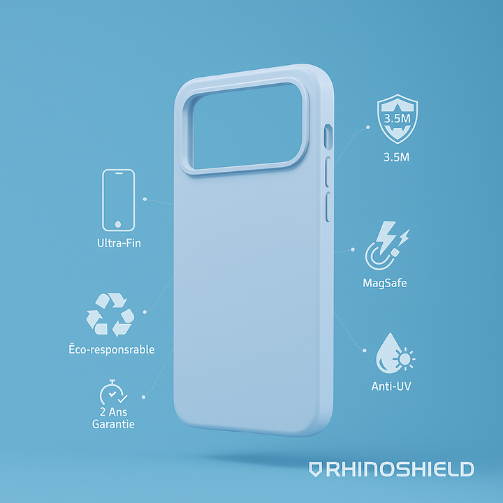 Coque SolidX MagSafe RhinoShield Bleu Glacier pour iPhone 17 Pro. Protection antichoc 3.5m et MagSafe renforcé.