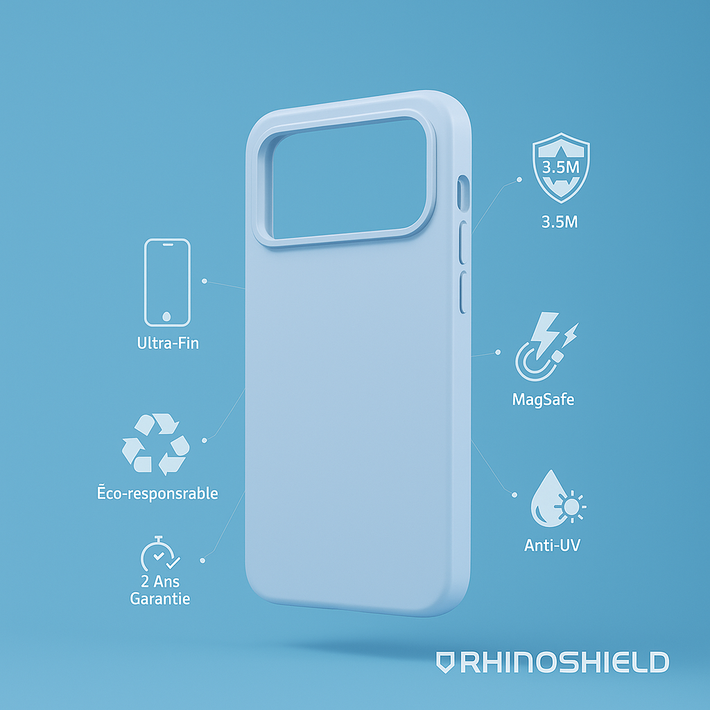 Coque SolidX MagSafe RhinoShield Bleu Glacier pour iPhone 17 Pro. Protection antichoc 3.5m et MagSafe renforcé.