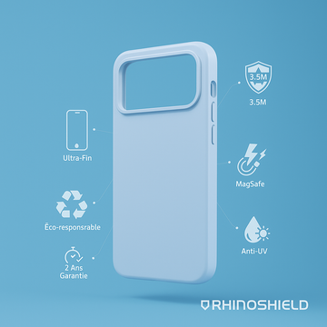Coque SolidX MagSafe RhinoShield Bleu Glacier pour iPhone 17 Pro. Protection antichoc 3.5m et MagSafe renforcé.