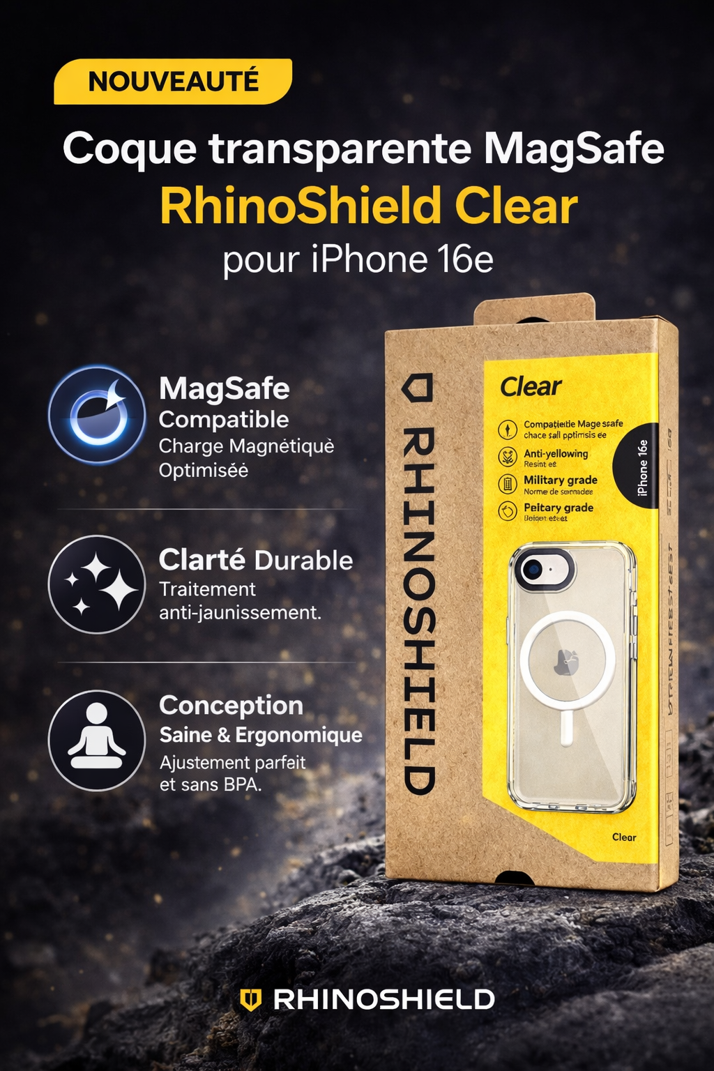 Coque transparente MagSafe RhinoShield Clear pour iPhone 16e avec emballage d’origine RhinoShield