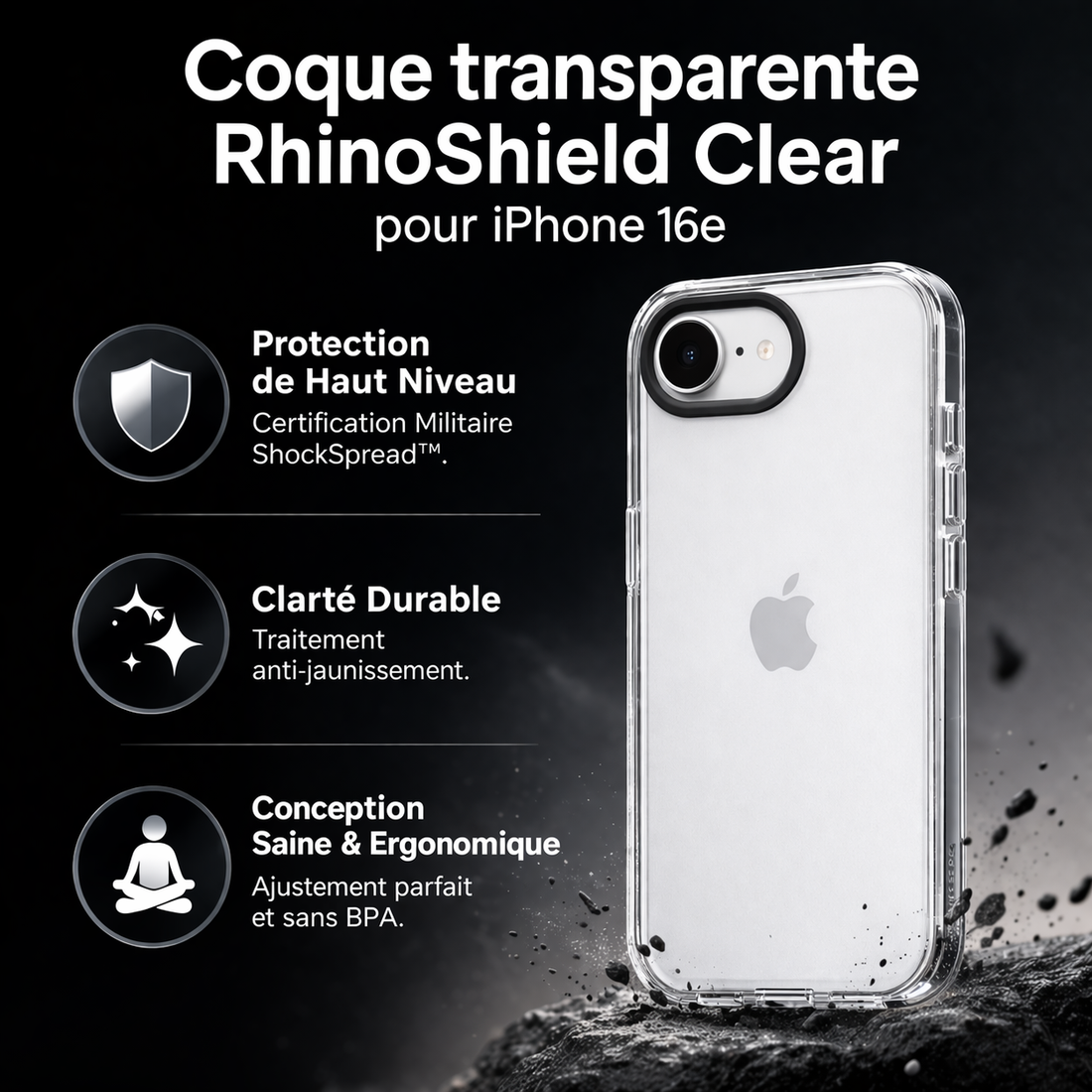 Coque transparente RhinoShield Clear pour iPhone 16e avec protection de haut niveau, traitement anti-jaunissement et conception saine et ergonomique