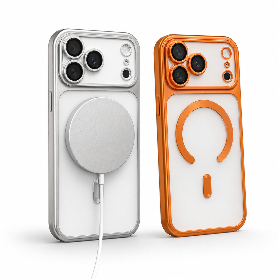 Coques iPhone 17 Pro MagSafe argent et orange fumé avec démonstration de charge magnétique