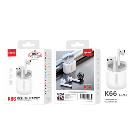 Écouteurs Bluetooth - D-power K66 - Blanc