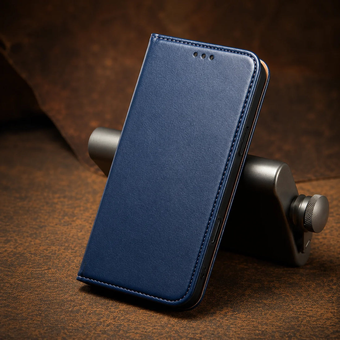 Étui portefeuille cuir véritable iPhone 17 Fierre Shann bleu nuit avec porte-cartes et support vidéo