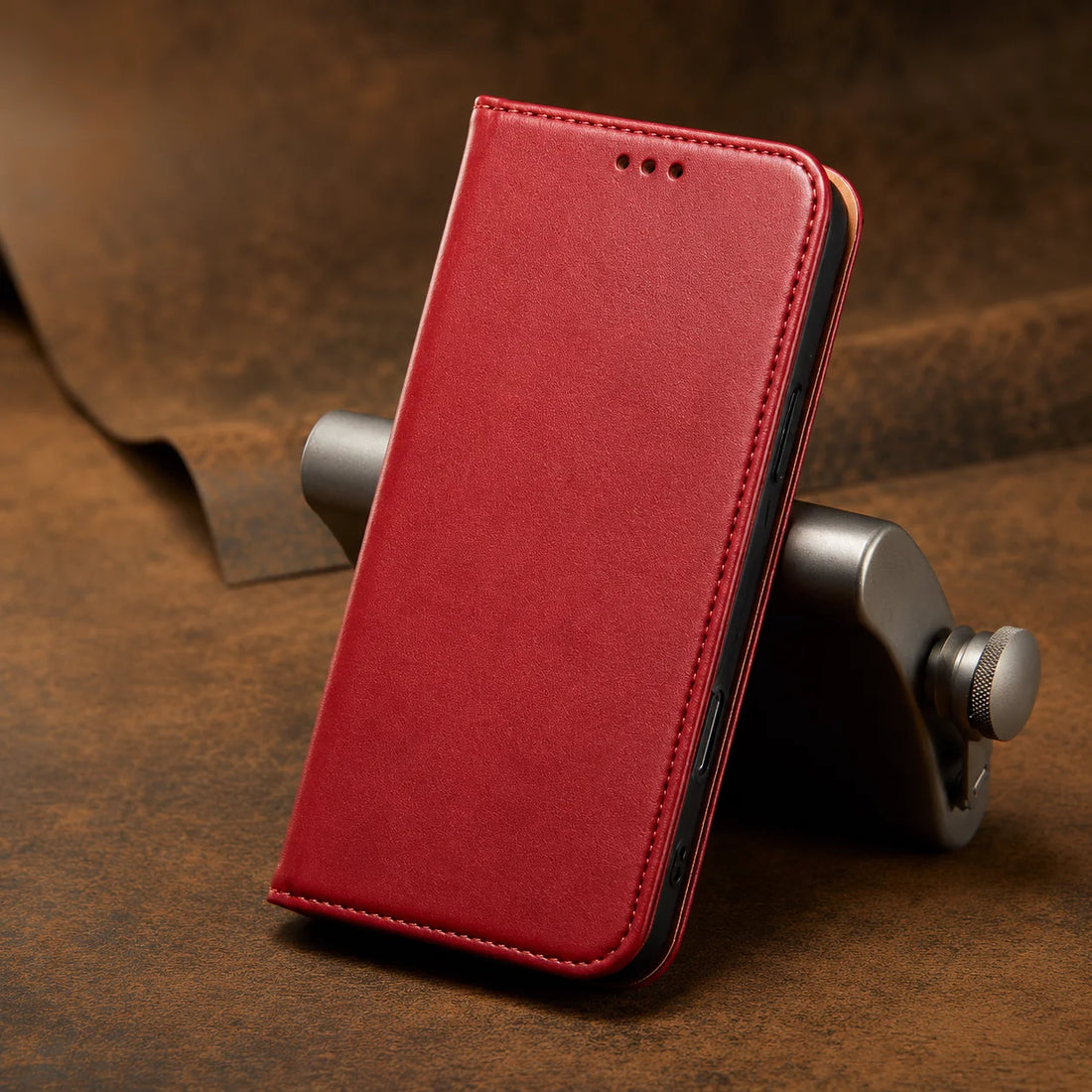 Étui portefeuille cuir véritable iPhone 17 Fierre Shann rouge avec porte-cartes et support vidéo
