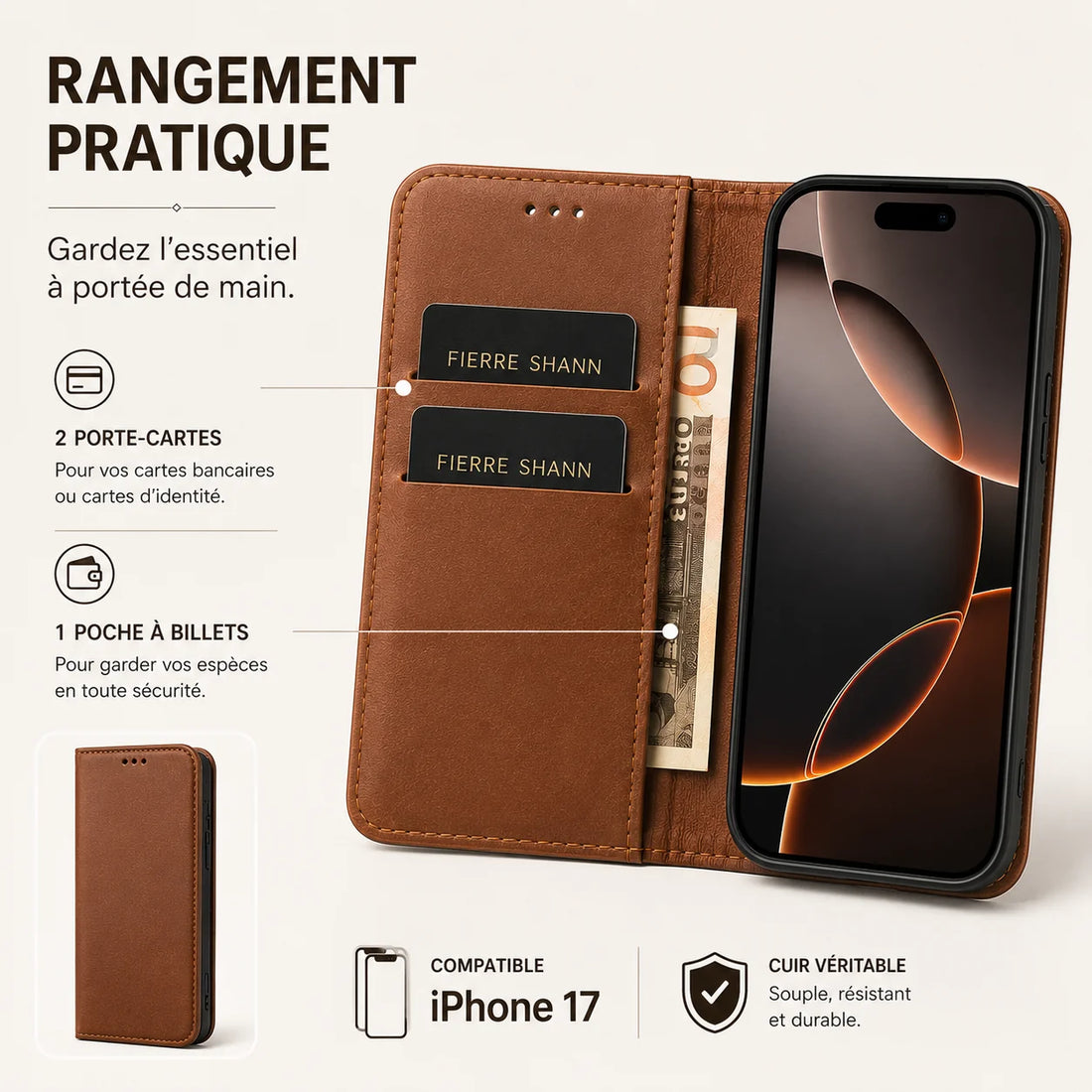 Étui portefeuille cuir véritable iPhone 17 Fierre Shann avec porte-cartes et rangement pour billets