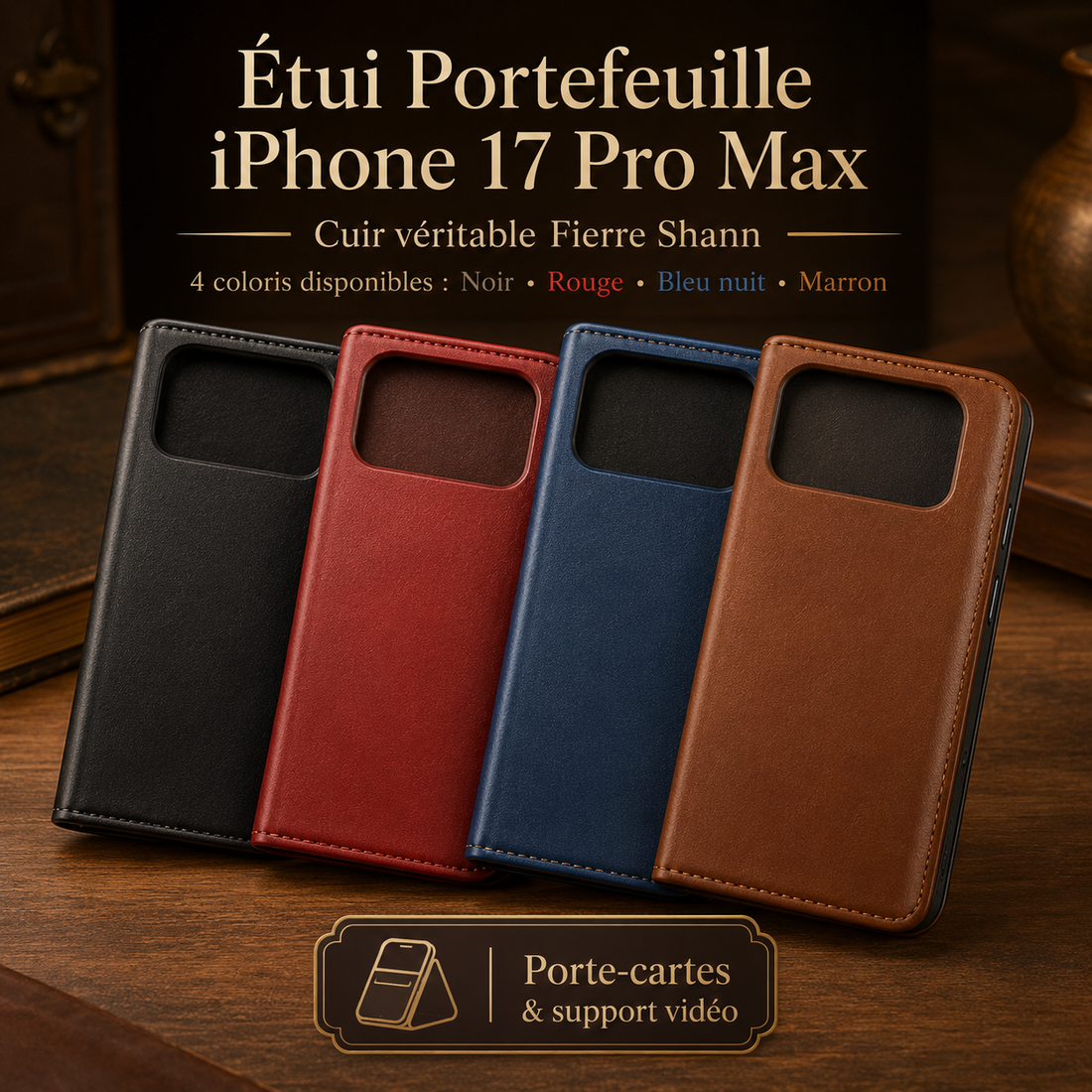 Étui portefeuille iPhone 17 Pro Max en cuir véritable disponible en noir, rouge, bleu nuit et marron
