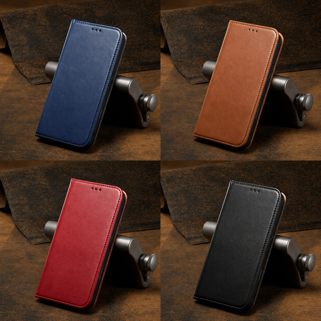 Étui portefeuille iPhone 17 Pro Max en cuir véritable disponible en noir, rouge, bleu nuit et marron