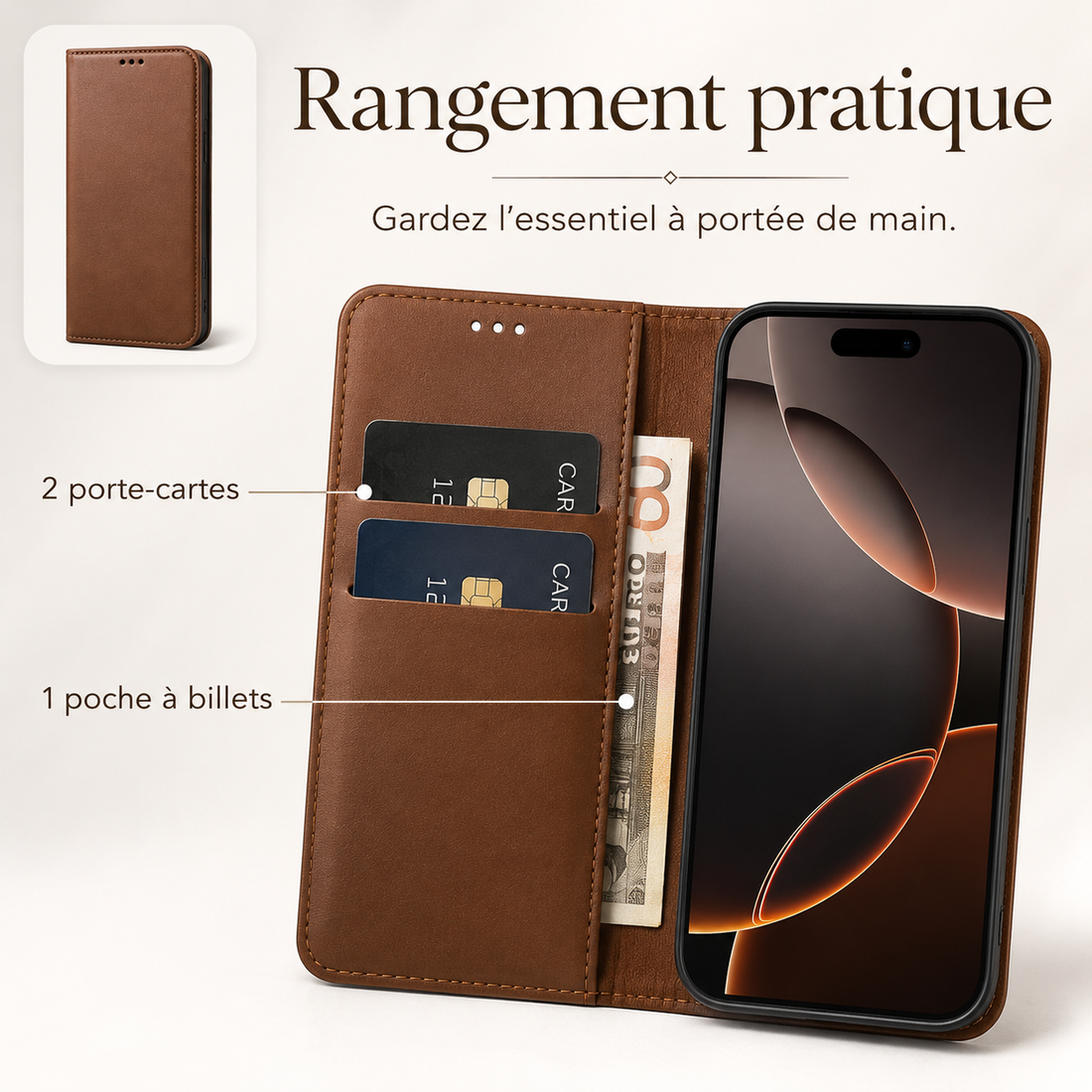 Étui portefeuille iPhone 17 Pro Max avec porte-cartes et poche à billets