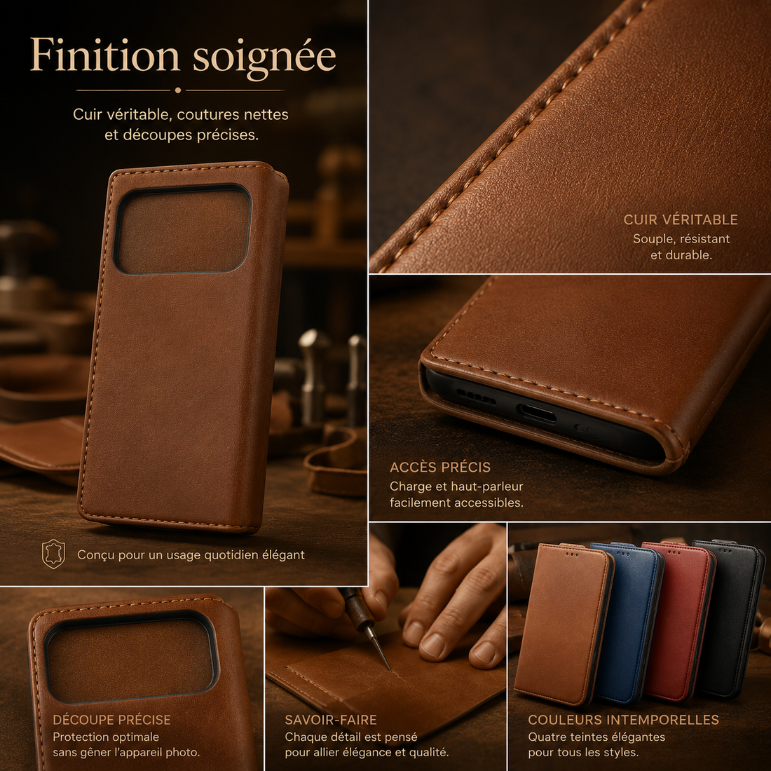 Étui portefeuille iPhone 17 Pro Max cuir véritable avec finition premium et coutures soignées