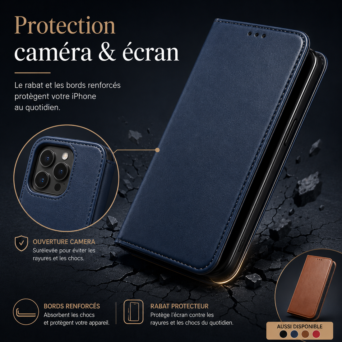 Étui portefeuille iPhone 17 Pro Max en cuir véritable avec protection écran et caméra
