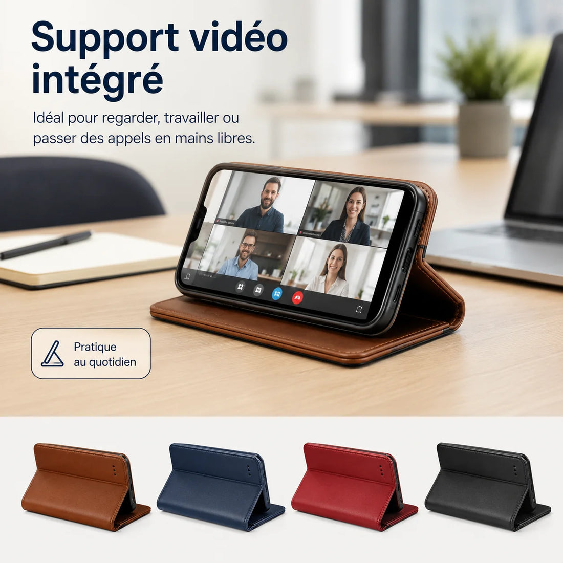 Étui portefeuille iPhone 17 Fierre Shann avec support vidéo intégré pour regarder des vidéos et passer des appels mains libres