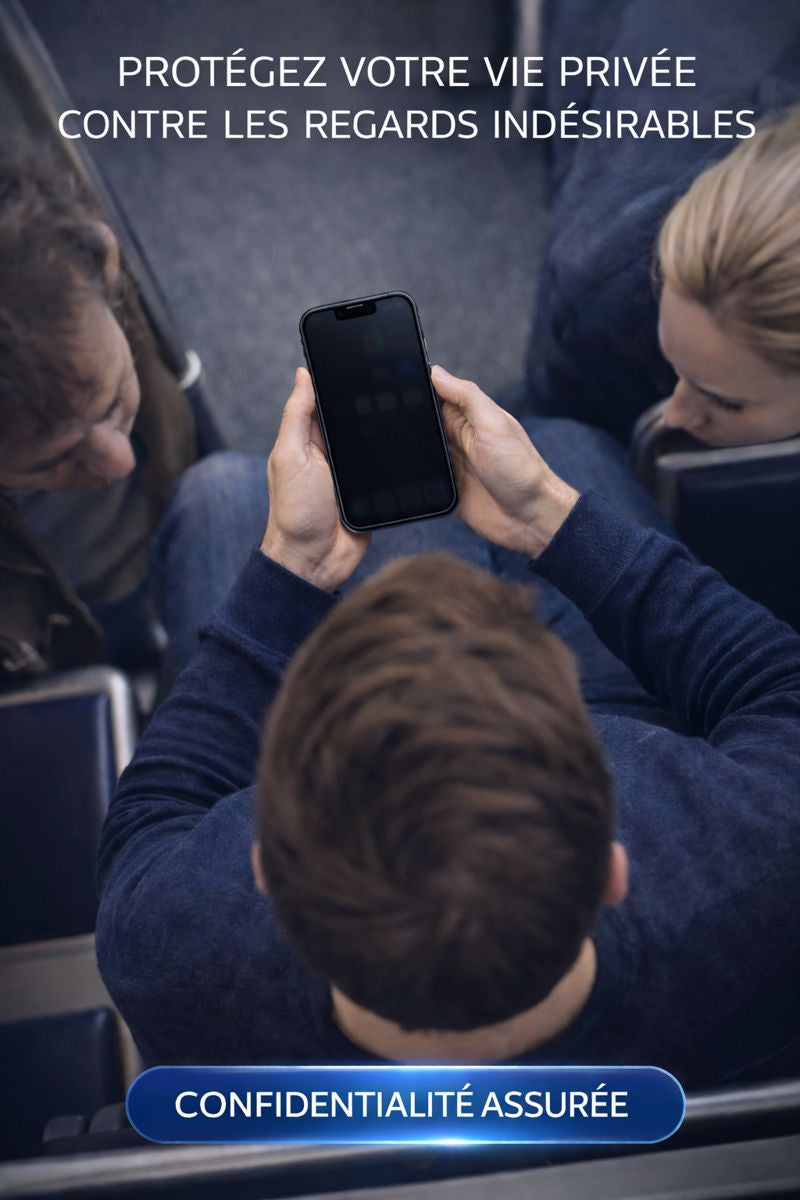 Utilisateur d’iPhone 16 dans un lieu public, film de confidentialité actif.