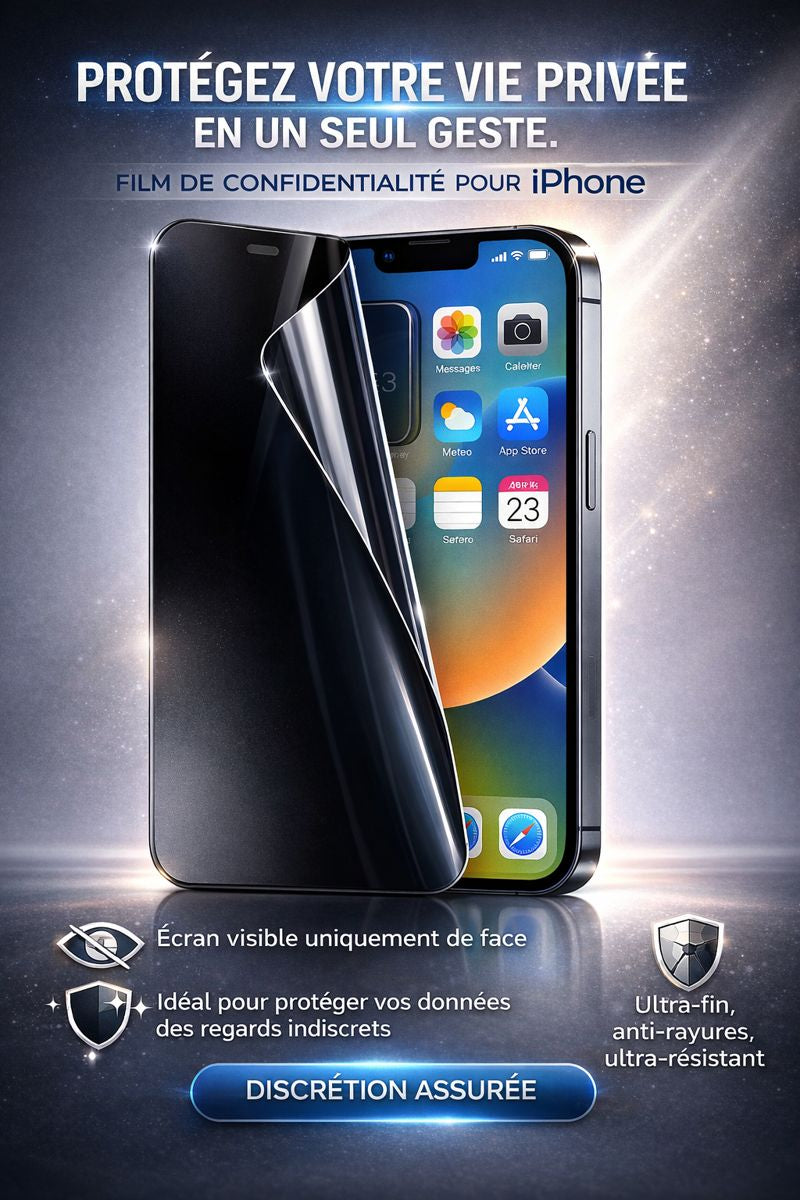 Film de confidentialité posé sur iPhone 16, affichage net de face avec protection visuelle.