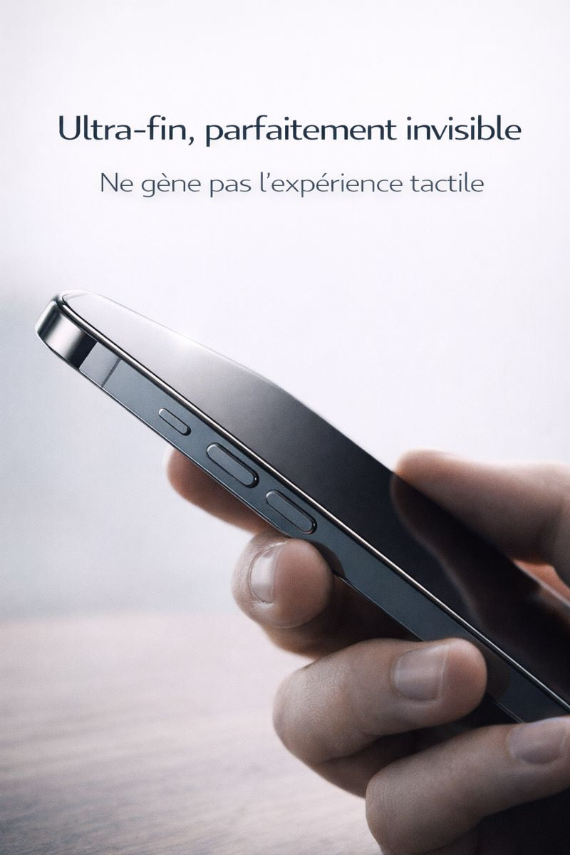 Film de confidentialité ultra‑fin et invisible sur iPhone 16, parfaitement ajusté.